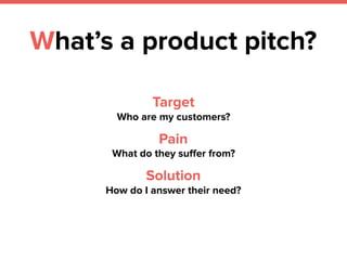 What’s a product pitch?
Target
Who are my customers?
Pain
What do they suﬀer from?
Solution
How do I answer their need?
 