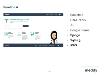 Iteration 4
10
- Bootstrap
- HTML/CSS
- JS
- Google Forms
- Django
- Sqlite 3
- AWS
 