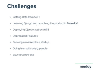 Challenges
‣ Getting Data from SCH
‣ Learning Django and launching the product in 6 weeks!
‣ Deploying Django app on AWS
‣...