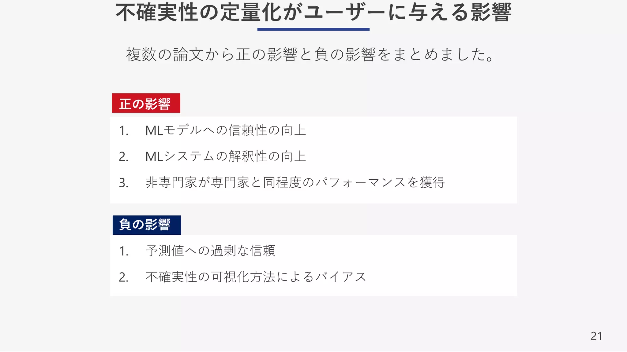21
不確実性の定量化がユーザーに与える影響
正の影響
1. MLモデルへの信頼性の向上
2. MLシステムの解釈性の向上
3. ⾮専⾨家が専⾨家と同程度のパフォーマンスを獲得
負の影響
1. 予測値への過剰な信頼
2. 不確実性の可視化⽅法によるバイアス
複数の論⽂から正の影響と負の影響をまとめました。
 