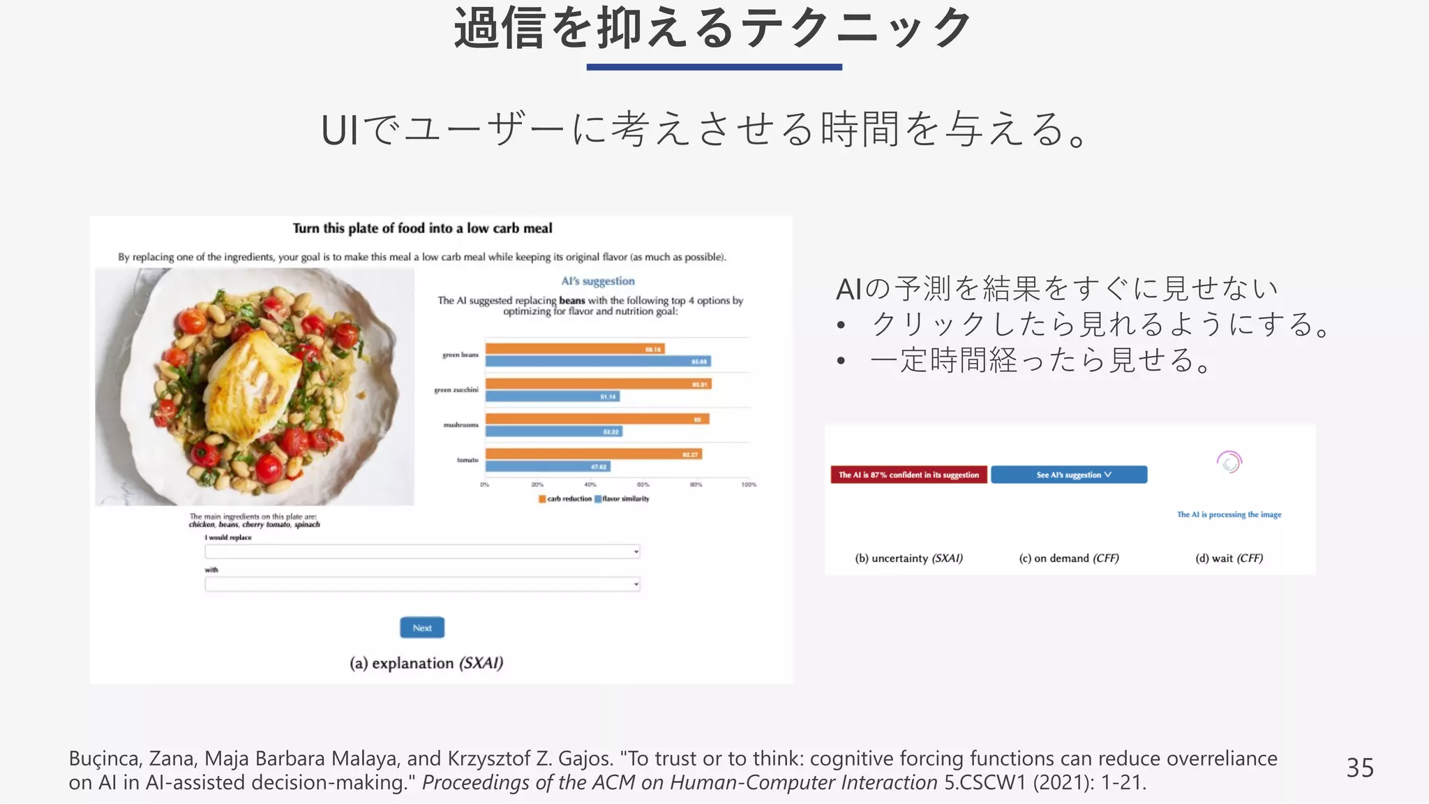 35
過信を抑えるテクニック
UIでユーザーに考えさせる時間を与える。
Buçinca, Zana, Maja Barbara Malaya, and Krzysztof Z. Gajos. "To trust or to think: cognitive forcing functions can reduce overreliance
on AI in AI-assisted decision-making." Proceedings of the ACM on Human-Computer Interaction 5.CSCW1 (2021): 1-21.
AIの予測を結果をすぐに⾒せない
• クリックしたら⾒れるようにする。
• ⼀定時間経ったら⾒せる。
 
