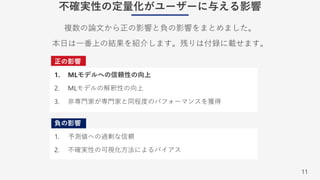 11
不確実性の定量化がユーザーに与える影響
正の影響
1. MLモデルへの信頼性の向上
2. MLモデルの解釈性の向上
3. ⾮専⾨家が専⾨家と同程度のパフォーマンスを獲得
負の影響
1. 予測値への過剰な信頼
2. 不確実性の可視化⽅法によるバイアス
複数の論⽂から正の影響と負の影響をまとめました。
本⽇は⼀番上の結果を紹介します。残りは付録に載せます。
 