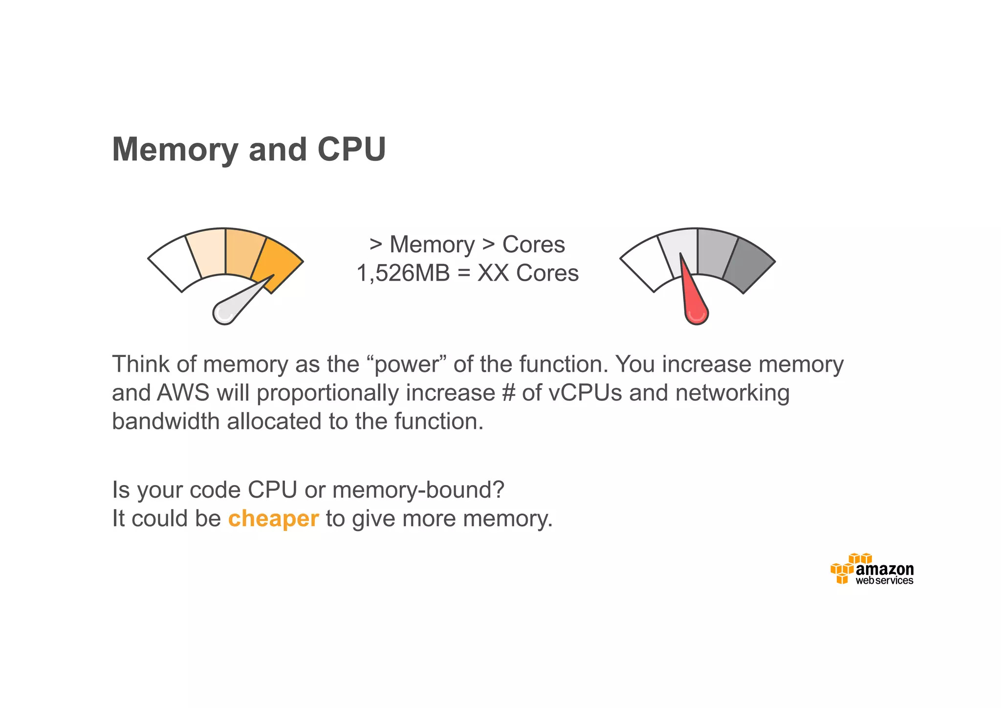 Memory and CPU Think of memory as the “power” of the function. You increase memory and AWS will proportionally increase # of vCPUs and networking bandwidth allocated to the function. Is your code CPU or memory-bound? It could be cheaper to give more memory. > Memory > Cores 1,526MB = XX Cores 