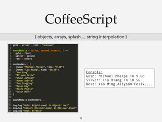 CoffeeScript
{ objects, arrays, splash..., string interpolation }

Console:
Gold: Michael Phelps in 9.68
Silver: Liu Xiang in 10.56
Rest: Yao Ming,Allyson Felix,...

11

 