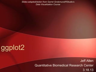 Slides adapted/stolen from Garret Grolemund/RStudio’s
                    Data Visualization Course




ggplot2
                                                  Jeff Allen
                   Quantitative Biomedical Research Center
                                                   3.18.13
 