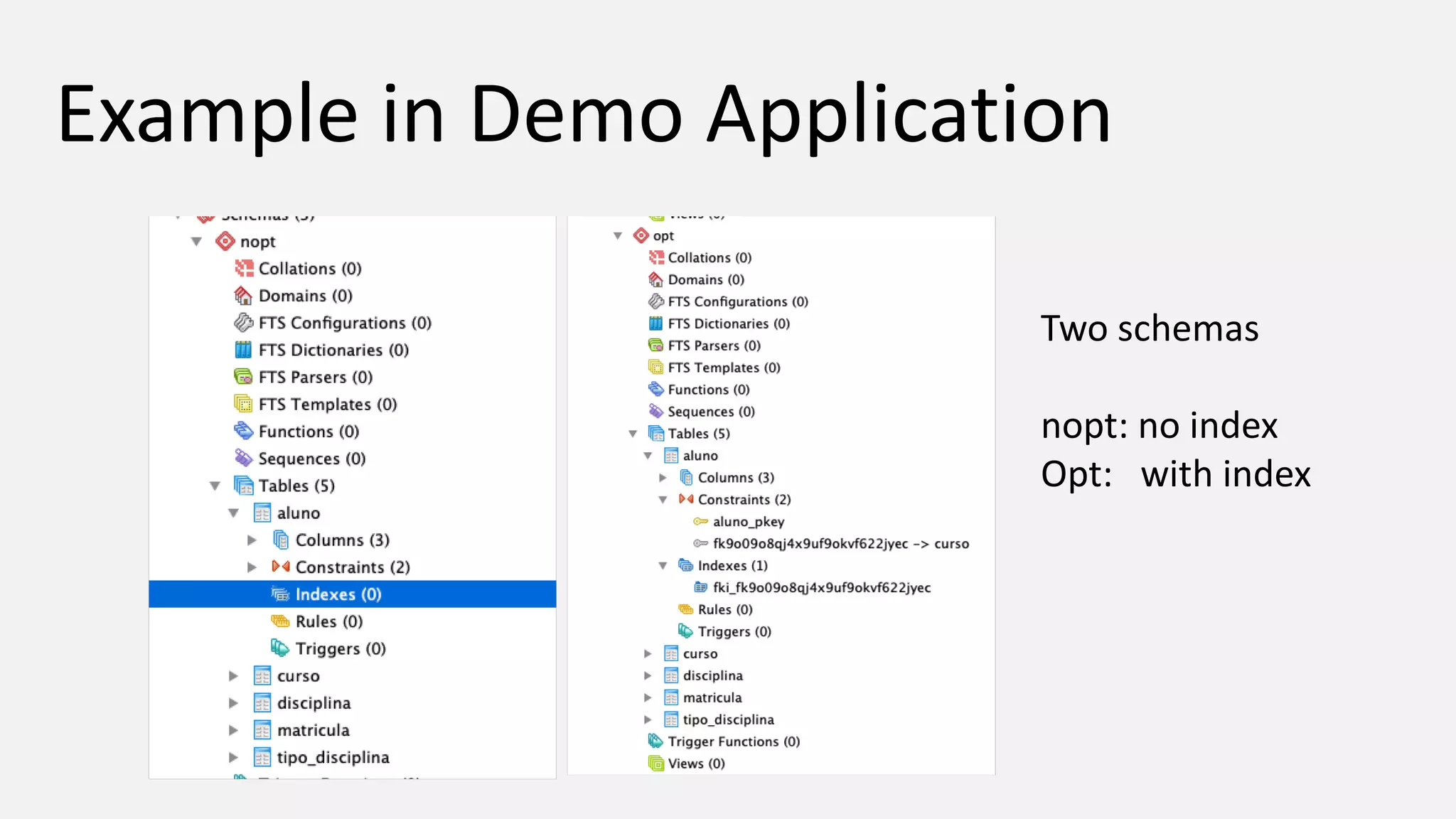 Example in Demo Application Two schemas nopt: no index Opt: with index 