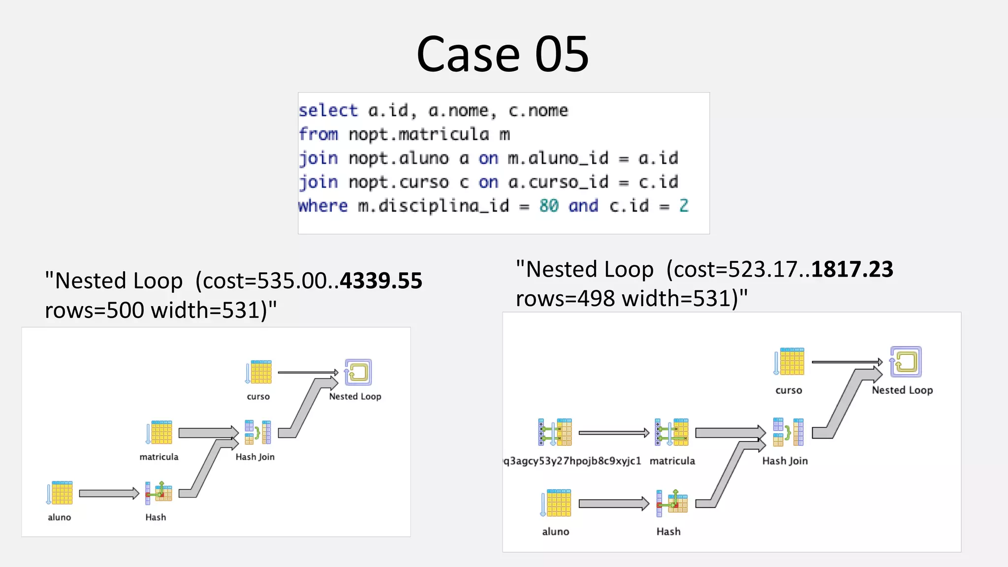 Case 05 "Nested Loop (cost=535.00..4339.55 rows=500 width=531)" "Nested Loop (cost=523.17..1817.23 rows=498 width=531)" 