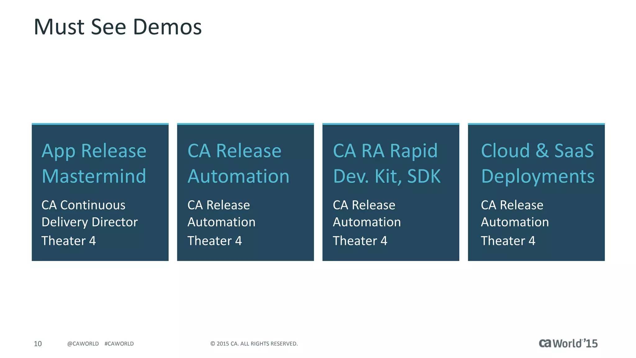 10 © 2015 CA. ALL RIGHTS RESERVED.@CAWORLD #CAWORLD
Must See Demos
CA Release
Automation
CA Release
Automation
Theater 4
Cloud & SaaS
Deployments
CA Release
Automation
Theater 4
CA RA Rapid
Dev. Kit, SDK
CA Release
Automation
Theater 4
App Release
Mastermind
CA Continuous
Delivery Director
Theater 4
 