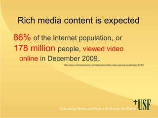 Rich media content is expected 86%   of the Internet population,   or   178 million   people,  viewed video online  in December 2009 . http://www.marketingcharts.com/television/online-video-viewing-accelerates-11987 