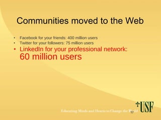 Communities moved to the Web Facebook for your friends: 400 million users Twitter for your followers: 75 million users   LinkedIn for your professional network:  60 million users 