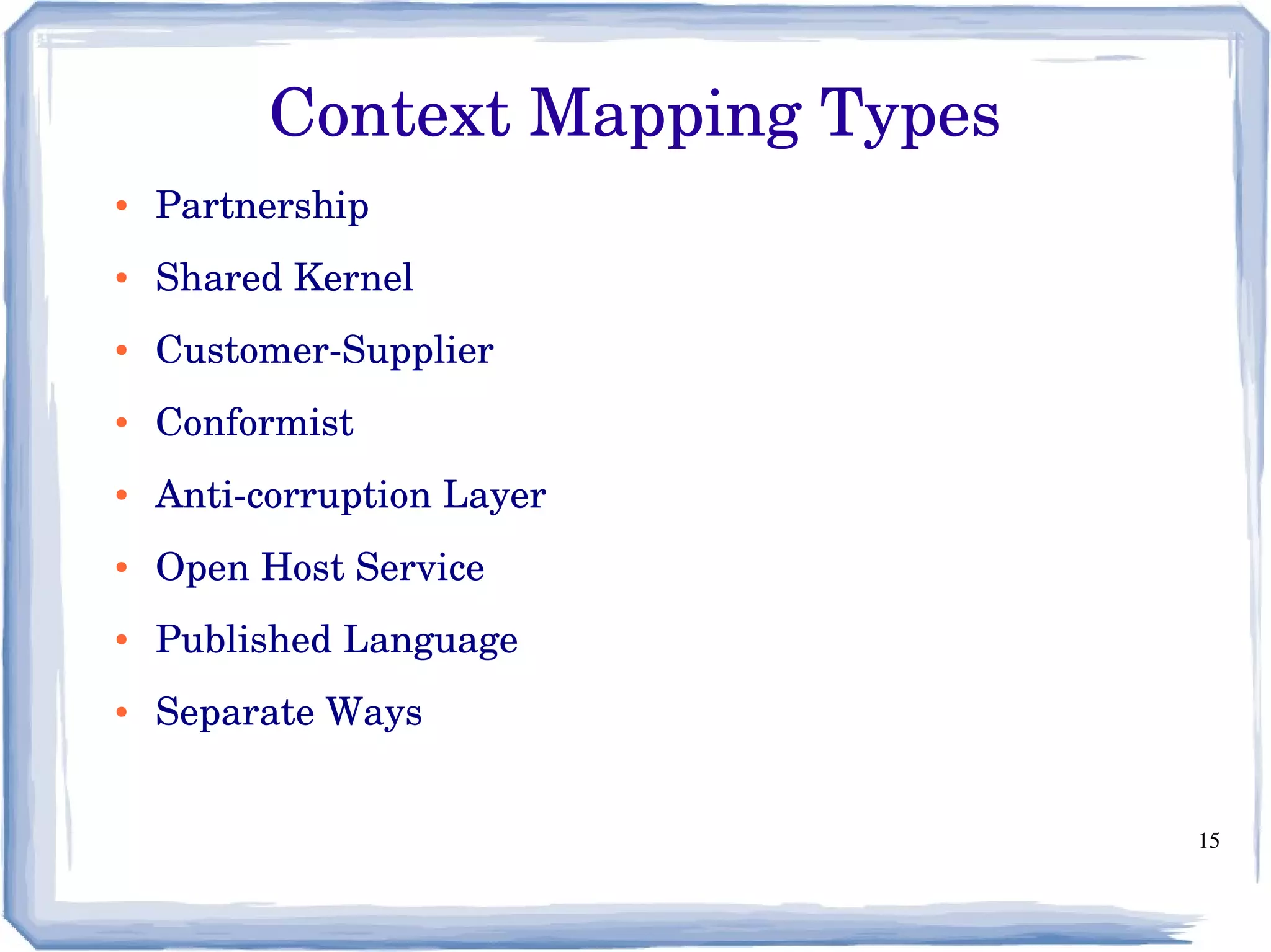 15
● Partnership
● Shared Kernel
● Customer­Supplier
● Conformist
● Anti­corruption Layer
● Open Host Service
● Published Language
● Separate Ways
Context Mapping Types
 