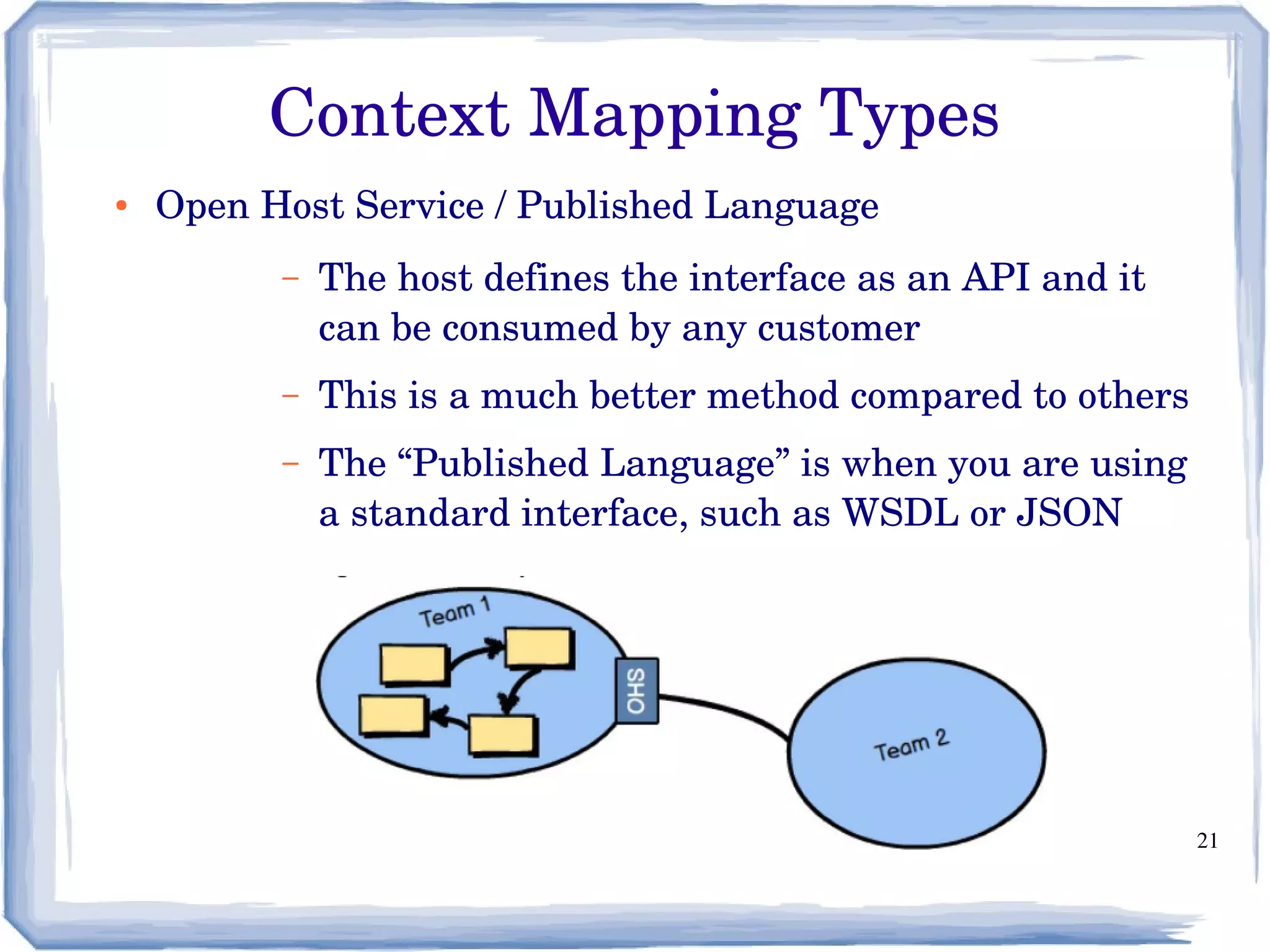 21
● Open Host Service / Published Language
– The host defines the interface as an API and it 
can be consumed by any customer
– This is a much better method compared to others
– The “Published Language” is when you are using 
a standard interface, such as WSDL or JSON
Context Mapping Types
 