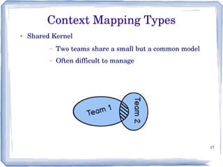 17
● Shared Kernel
– Two teams share a small but a common model
– Often difficult to manage
Context Mapping Types
 