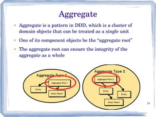 24
● Aggregate is a pattern in DDD, which is a cluster of 
domain objects that can be treated as a single unit 
● One of its component objects be the “aggregate root”
● The aggregate root can ensure the integrity of the 
aggregate as a whole
Aggregate
 