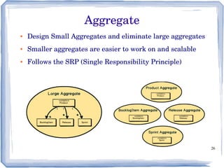 26
● Design Small Aggregates and eliminate large aggregates
● Smaller aggregates are easier to work on and scalable
● Follows the SRP (Single Responsibility Principle)
Aggregate
 