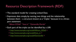 Resource Description Framework (RDF)
• The standard model for creating Linked Data
• Expresses data simply, by naming two ...
