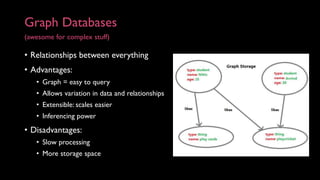 Graph Databases
(awesome for complex stuff)
• Relationships between everything
• Advantages:
• Graph = easy to query
• All...