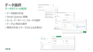 19
データ選択
データモデラーの使用
• データ接続の作成
• Direct Queryに移動
• ロール、データベース、スキーマの選択
• テーブルと項目の選択
• 関係の作成 (1テーブル以上ある場合)
 
