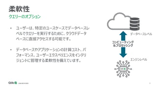 8
柔軟性
クエリーのオプション
• ユーザーは、特定のユースケースでデータベースレ
ベルでクエリーを実行するために、クラウドデータ
ベースに直接アクセスする可能です。
• データベースやアプリケーションの計算コスト、パ
フォーマンス、ユーザーエクスペリエンスをインテリ
ジェントに管理する柔軟性を備えています。
コンピューティング
＆プロセッシング
データベースレベル
エンジンレベル
 