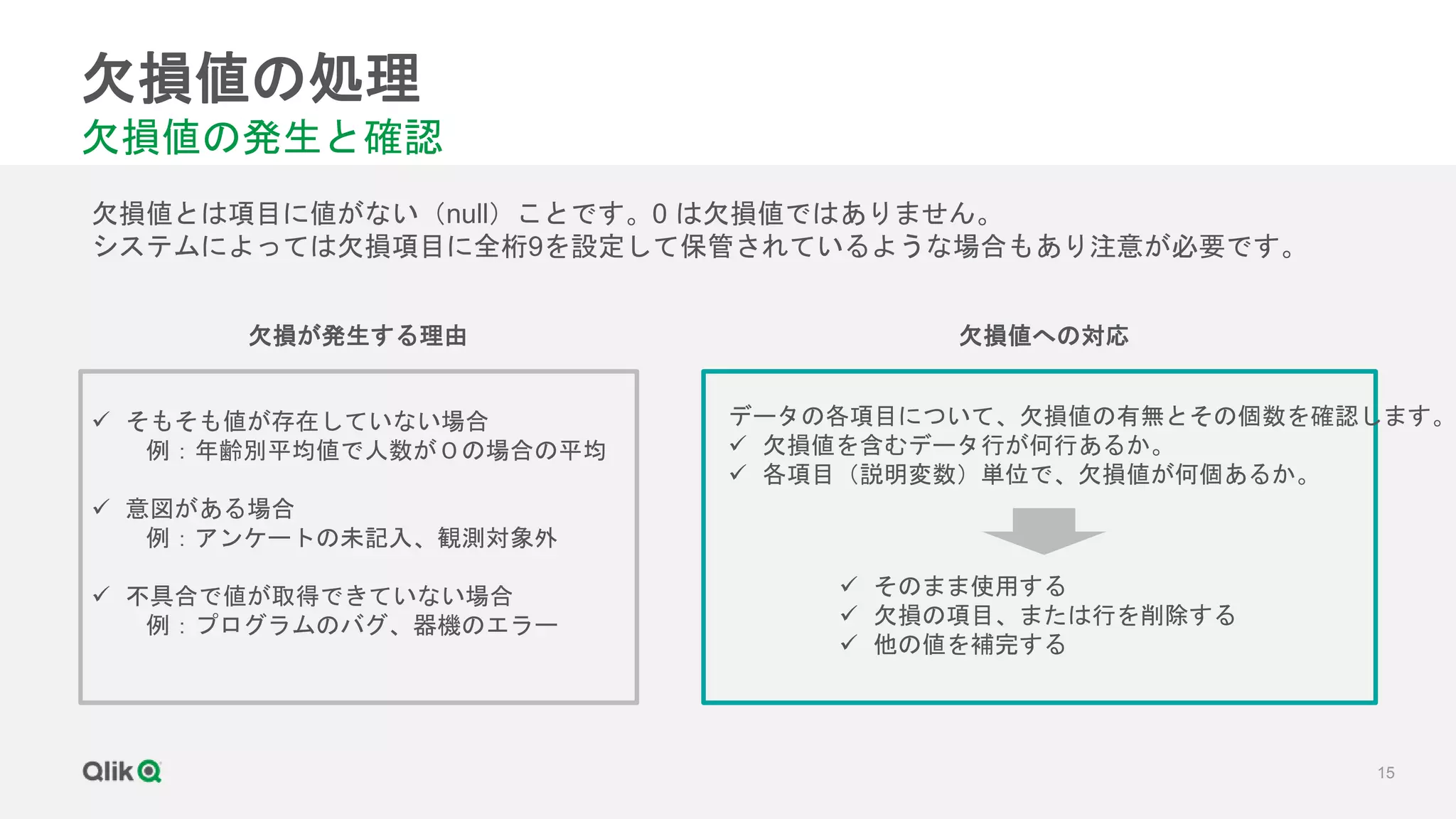 15
欠損値の処理
欠損値の発生と確認
データの各項目について、欠損値の有無とその個数を確認します。
 欠損値を含むデータ行が何行あるか。
 各項目（説明変数）単位で、欠損値が何個あるか。
欠損値とは項目に値がない（null）ことです。0 は欠損値ではありません。
システムによっては欠損項目に全桁9を設定して保管されているような場合もあり注意が必要です。
 そもそも値が存在していない場合
例：年齢別平均値で人数が０の場合の平均
 意図がある場合
例：アンケートの未記入、観測対象外
 不具合で値が取得できていない場合
例：プログラムのバグ、器機のエラー
欠損が発生する理由 欠損値への対応
 そのまま使用する
 欠損の項目、または行を削除する
 他の値を補完する
 