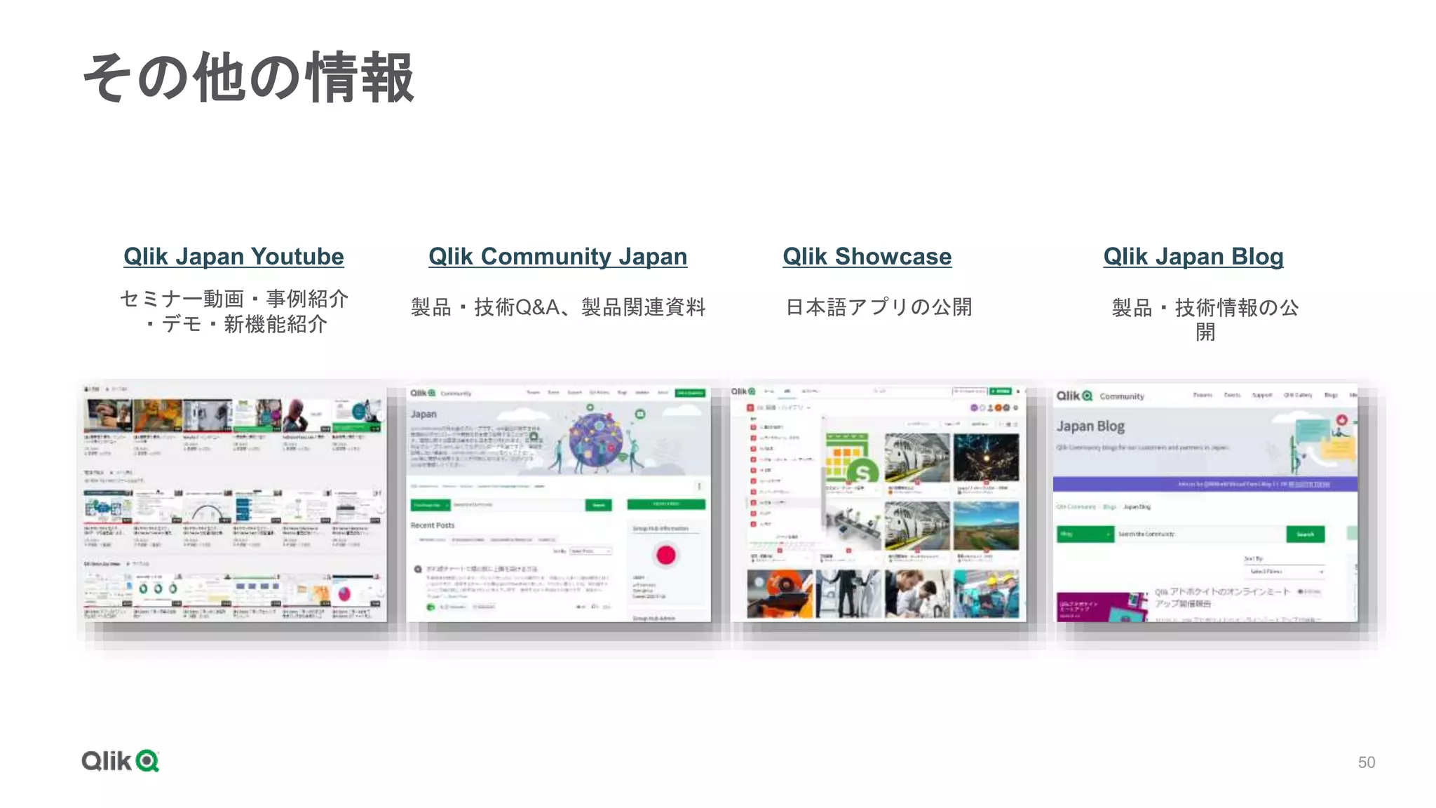50
その他の情報
セミナー動画・事例紹介
・デモ・新機能紹介
Qlik Japan Youtube Qlik Community Japan
製品・技術Q&A、製品関連資料
Qlik Showcase
日本語アプリの公開
Qlik Japan Blog
製品・技術情報の公
開
 