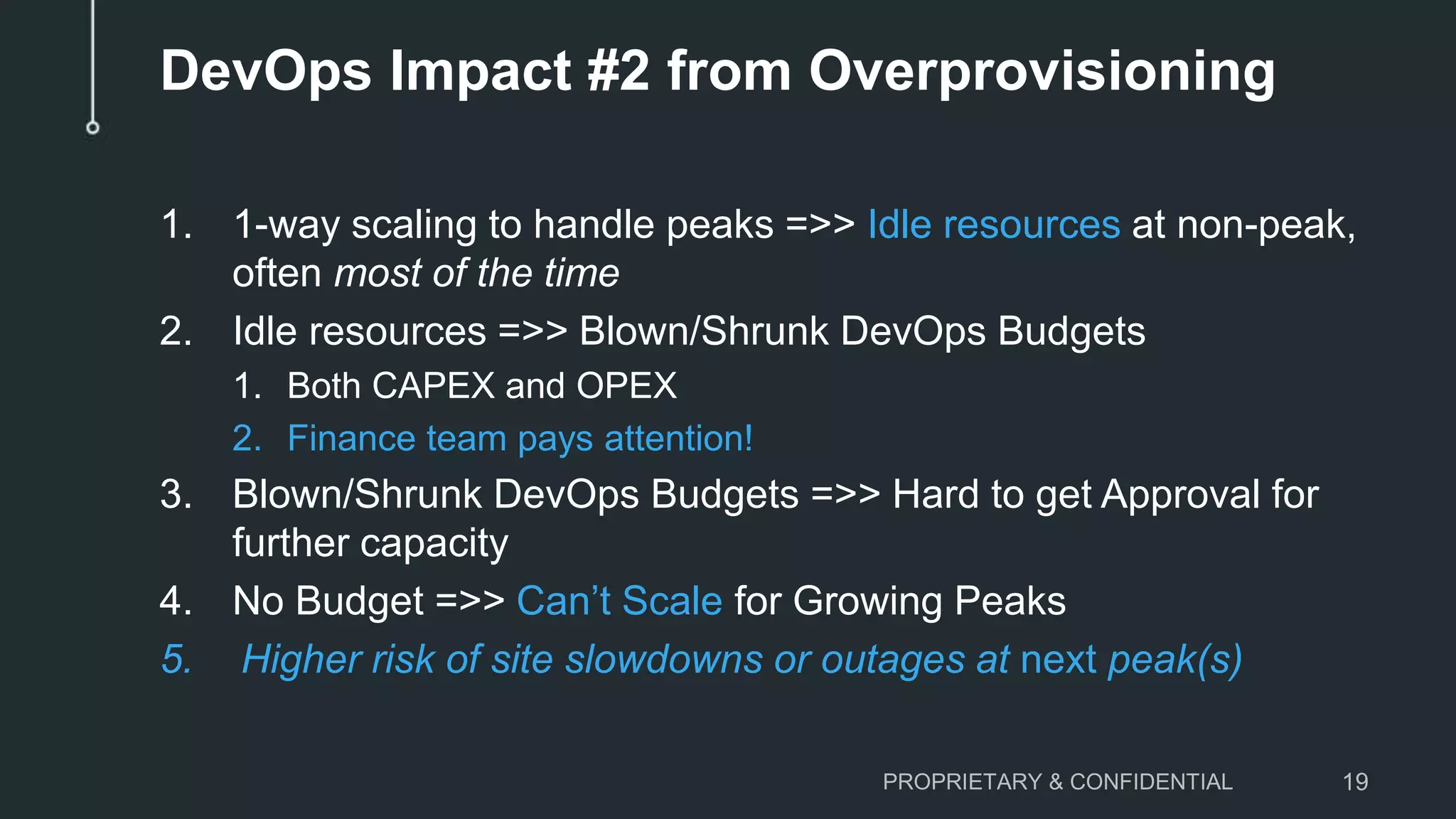 1. 1-way scaling to handle peaks =>> Idle resources at non-peak,
often most of the time
2. Idle resources =>> Blown/Shrunk DevOps Budgets
1. Both CAPEX and OPEX
2. Finance team pays attention!
3. Blown/Shrunk DevOps Budgets =>> Hard to get Approval for
further capacity
4. No Budget =>> Can’t Scale for Growing Peaks
5. Higher risk of site slowdowns or outages at next peak(s)
PROPRIETARY & CONFIDENTIAL 19
DevOps Impact #2 from Overprovisioning
 
