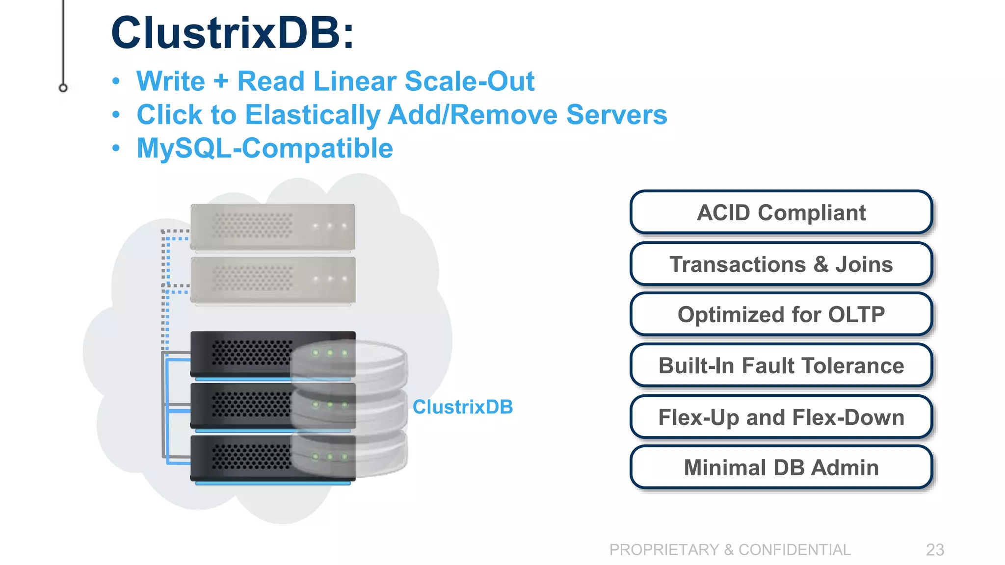 ClustrixDB:
PROPRIETARY & CONFIDENTIAL 23
ClustrixDB
ACID Compliant
Transactions & Joins
Optimized for OLTP
Built-In Fault Tolerance
Flex-Up and Flex-Down
Minimal DB Admin
• Write + Read Linear Scale-Out
• Click to Elastically Add/Remove Servers
• MySQL-Compatible
 