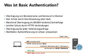 Was ist Basic Authentication?
 Übertragung von Benutzername und Kennwort in Klartext
 Kein Schutz durch Verschlüsselung ...