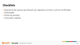 32
Checklists
+Sequência de passos que devem ser seguidos ou itens a serem verificados
+Velocidade
+Ponto de partida
+Instruções rapidas
 