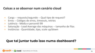 36
Coisas a se observar num cenário cloud
+ Carga -- requests/segundo -- Qual tipo de request?
+ Erros -- Códigos de erros, timeouts, retries
+ Latência - Média e percentil 99
+ Saturação - Load Average das máquinas -- tamanho de filas
+ Instâncias - Quantidade, tipo, scale up/down
Que tal juntar tudo isso numa dashboard?
 