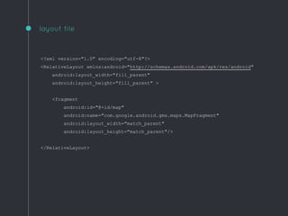 layout file
<?xml version="1.0" encoding="utf-8"?>
<RelativeLayout xmlns:android="http://schemas.android.com/apk/res/android"
android:layout_width="fill_parent"
android:layout_height="fill_parent" >
<fragment
android:id="@+id/map"
android:name="com.google.android.gms.maps.MapFragment"
android:layout_width="match_parent"
android:layout_height="match_parent"/>
</RelativeLayout>
 
