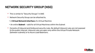 NETWORK SECURITY GROUP (NSG)
 This is similar to “Security Groups” in AWS
 Network Security Group can be attached to,
●
A Virtual Network Interface of a Virtual Machine
●
An entire Subnet – valid for all Virtual Machines within the Subnet
 Consists of Inbound and Outbound security rules. By default inbound rules are not exposed
to the public Internet. Inbound rules are open only within the Virtual Private Network
(between subnets) or to Azure Load Balancers.
 
