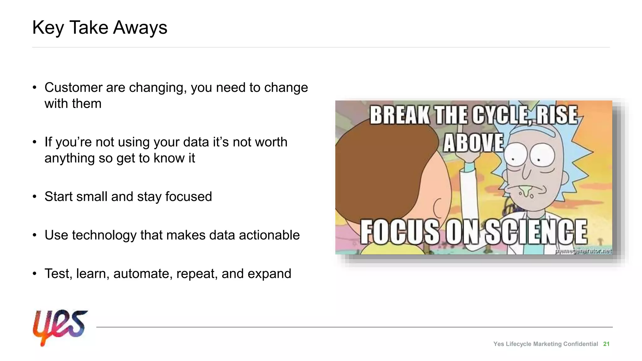 Yes Lifecycle Marketing Confidential 21
• Customer are changing, you need to change
with them
• If you’re not using your data it’s not worth
anything so get to know it
• Start small and stay focused
• Use technology that makes data actionable
• Test, learn, automate, repeat, and expand
Key Take Aways
 