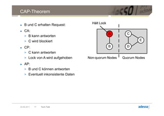 CAP-Theorem

►   B und C erhalten Request:
►   CA:
    > B kann antworten
    > C wird blockiert
►   CP:
    > C kann antworten
    > Lock von A wird aufgehoben
►   AP:
    > B und C können antworten
    > Eventuell inkonsistente Daten




20.09.2011   17   Tech Talk
 