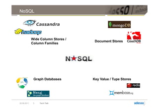 NoSQL




             Wide Column Stores /
                                     Document Stores
             Column Families




              Graph Databases       Key Value / Tupe Stores




20.09.2011    3   Tech Talk
 