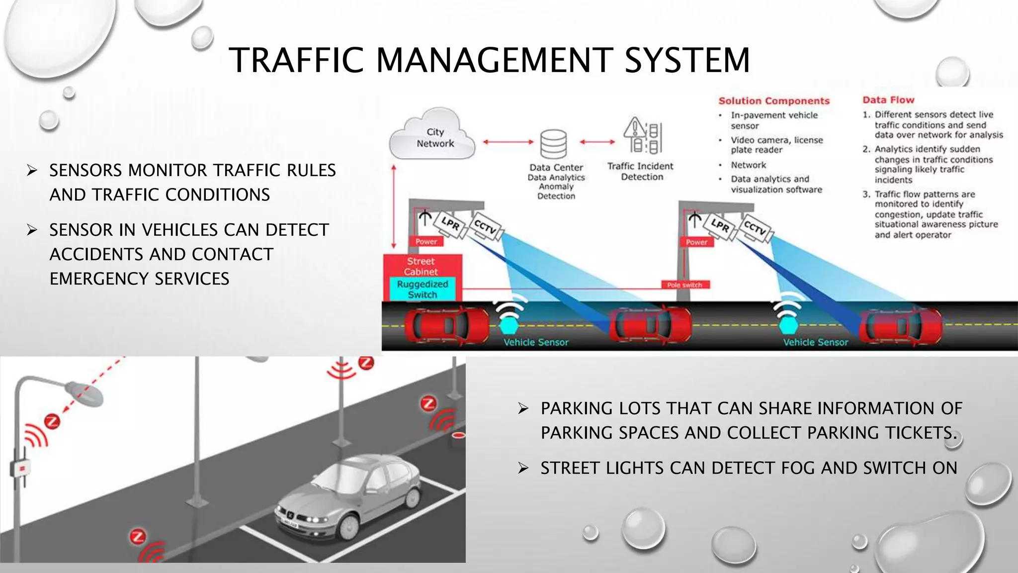 TRAFFIC MANAGEMENT SYSTEM
 SENSORS MONITOR TRAFFIC RULES
AND TRAFFIC CONDITIONS
 SENSOR IN VEHICLES CAN DETECT
ACCIDENTS AND CONTACT
EMERGENCY SERVICES
 PARKING LOTS THAT CAN SHARE INFORMATION OF
PARKING SPACES AND COLLECT PARKING TICKETS.
 STREET LIGHTS CAN DETECT FOG AND SWITCH ON
 