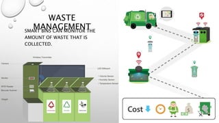 WASTE
MANAGEMENTSMART BINS CAN MONITOR THE
AMOUNT OF WASTE THAT IS
COLLECTED.
 