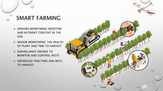 SMART FARMING
 SENSORS MONITORING MOISTURE
AND NUTRIENT CONTENT IN THE
SOIL
 SENSOR MONITORING THE HEALTH
OF PLANT AND TIME TO HARVEST
 SURVEILLANCE DRONES TO
MONITOR AND CONTROL PESTS
 DRIVERLESS TRACTORS AND BOTS
TO HARVEST
 
