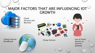 MAJOR FACTORS THAT ARE INFLUENCING IOT
GROWTH
Cheap Sensors
Cloud
Services and
Big Data
Cheap Internet
Broadband
Use of Smart
phones as
internet
gateway
 