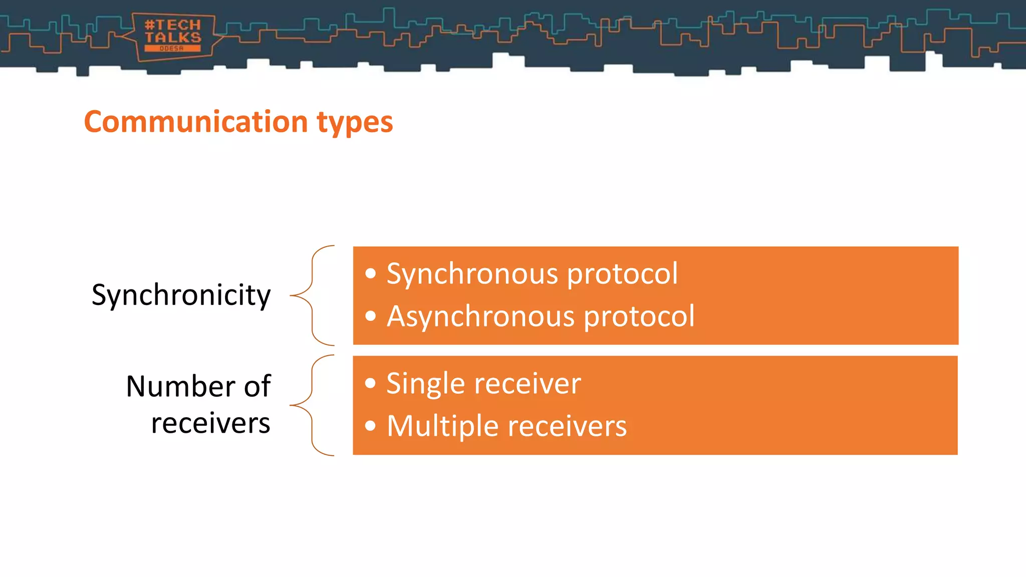 Synchronicity
• Synchronous protocol
• Asynchronous protocol
Number of
receivers
• Single receiver
• Multiple receivers
Communication types
 