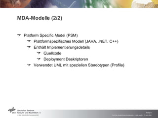 MDA-Modelle (2/2) <ul><li>Platform Specific Model (PSM) </li></ul><ul><ul><li>Plattformspezifisches Modell (JAVA, .NET, C+...