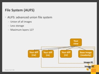 Your diff
(rw)
Your
view
image #1
Base image
(readonly)
File System (AUFS)
• AUFS: advanced union file system
– Union of all images
– Less storage
– Maximum layers 127
Docker Tech Talk
16
image #2
Your diff
(rw)
Your diff
(ro)
Your diff
(rw)
Your diff
(ro)
 