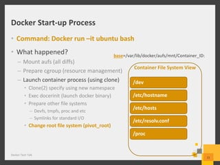 Docker Start-up Process
• Command: Docker run –it ubuntu bash
• What happened?
– Mount aufs (all diffs)
– Prepare cgroup (resource management)
– Launch container process (using clone)
• Clone(2) specify using new namespace
• Exec docerinit (launch docker binary)
• Prepare other file systems
– Devfs, tmpfs, proc and etc
– Symlinks for standard I/O
• Change root file system (pivot_root)
Docker Tech Talk
2121
Container File System View
base=/var/lib/docker/aufs/mnt/Container_ID:
/dev
/etc/hostname
/etc/resolv.conf
/etc/hosts
/proc
 