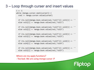 3 – Loop through curser and insert values
Where are my apply functions?
- Too bad. We are using mongo cursor :P
 