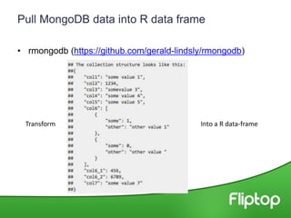Pull MongoDB data into R data frame
• rmongodb (https://github.com/gerald-lindsly/rmongodb)
Transform Into a R data-frame
 