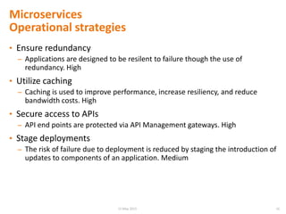 Microservices
Operational strategies
• Ensure redundancy
– Applications are designed to be resilent to failure though the use of
redundancy. High
• Utilize caching
– Caching is used to improve performance, increase resiliency, and reduce
bandwidth costs. High
• Secure access to APIs
– API end points are protected via API Management gateways. High
• Stage deployments
– The risk of failure due to deployment is reduced by staging the introduction of
updates to components of an application. Medium
1615 May 2015
 