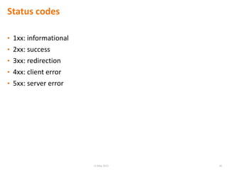 Status codes
• 1xx: informational
• 2xx: success
• 3xx: redirection
• 4xx: client error
• 5xx: server error
2615 May 2015
 