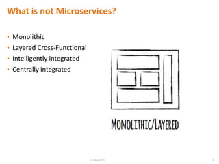 What is not Microservices?
• Monolithic
• Layered Cross-Functional
• Intelligently integrated
• Centrally integrated
615 May 2015
 