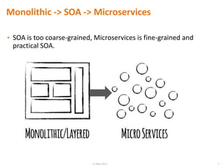Monolithic -> SOA -> Microservices
• SOA is too coarse-grained, Microservices is fine-grained and
practical SOA.
715 May 2015
 