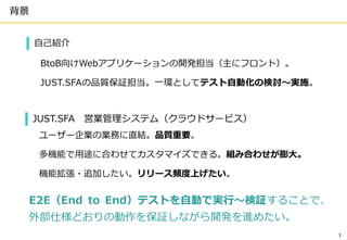 背景
1
自己紹介
BtoB向けWebアプリケーションの開発担当（主にフロント）。
JUST.SFAの品質保証担当。一環としてテスト自動化の検討～実施。
JUST.SFA 営業管理システム（クラウドサービス）
ユーザー企業の業務に直結。品質重要。
多機能で用途に合わせてカスタマイズできる。組み合わせが膨大。
機能拡張・追加したい。リリース頻度上げたい。
E2E（End to End）テストを自動で実行～検証することで、
外部仕様どおりの動作を保証しながら開発を進めたい。
 